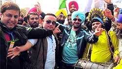 Punjabi singer Malkit Singh performs bhangra during a march organised by Punjabi Jagriti Manch in Jalandhar on Friday