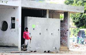 A toilet under construction at Students Home Compound on the PAU campus in Ludhiana.