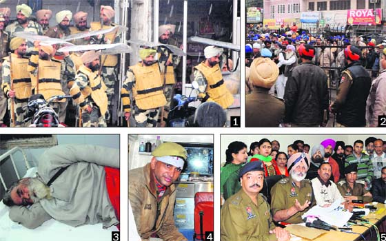 A day of protest: (1 & 2) Policemen deputed outside the hospital to control the agitated farmers; (3 & 4) an injured farmer and a policeman during a clash between the farmers and the police outside the office of the Chief Engineer, PSPCL; (5) Jatinder Singh Aulakh, Police Commissioner, and Powercom officials during a press conference in Amritsar on Saturday