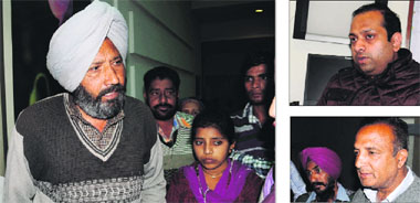 (Clockwise from left) Nirmaljeet Singh, father of Manpreet Kaur, who was injured after construction material fell on her at Government Rajindra College; Dr Manoj Manjhi discusses the condition of Manpreet; contractor Raghunath Goyal makes his point.