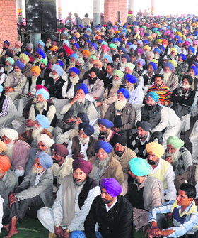 Members of the Punjab Nambardar Union hold a rally in Bathinda on Saturday.