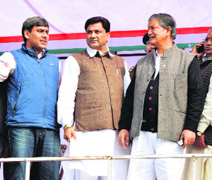 Chief Minister Harish Rawat inspects preparations for Rahul Gandhis rally at Parade Ground in Dehradun on Saturday. 