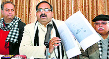 BJP state general secretary Randhir Sharma addresses mediapersons in Shimla on Saturday