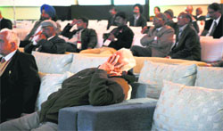 A delegate takes a nap during a session at APICON 2014 in Ludhiana on Saturday. Tribune Photo: Himanshu Mahajan