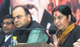BJP leaders Arun Jaitley and Sushma Swaraj at a press conference in New Delhi on Saturday