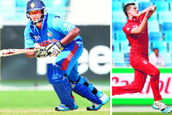 Sarfaraz Khan hit an unbeaten half-century but could not help India make it to the semis. Photos: ICC (Left) and Matthew Fisher scalped three to knock India out.