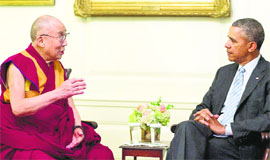 US President Barack Obama with Tibetan spiritual leader the Dalai Lama at the White House in Washington on Friday.