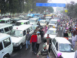 The ever increasing number of vehicles in Bathinda is becoming a problem for the residents and the traffic policemen alike with no solution in sight in the near future. Photo: Bhupinder Dhillon 