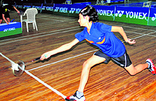 A player in action during the All-India Junior Ranking Badminton Tournament at Panjab University in Chandigarh on Sunday