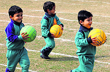 Students take part in an event during the annual sports day at The Sky World School in Sector 21, Panchkula, on Sunday