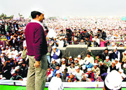 AAP leader Arvind Kejriwal addresses a public meeting in Rohtak on Sunday.
