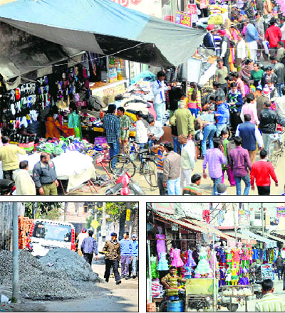 A congested market at Gandhi Nagar; and no check on encroachments outside shops at Chaura Bazar in Ludhiana. Tribune photographs
