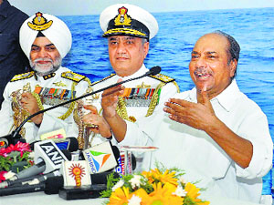 Defence Minister AK Antony addresses mediapersons at the Coast Guard headquarters in Kochi on Sunday. Vice-Admiral Satish Soni (C) and Inspector-General SPS Basra are also seen