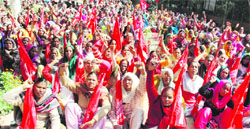 Activists of the Communist Party of India stage a protest outside the DC office in support of their demands in Amritsar on Monday. Photo: Vishal Kumar