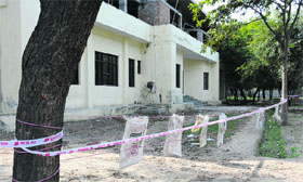 The site at Government Rajindra College where a wooden plank had fallen on Manpreets head. The site was encircled with a tape by the contractor on Monday.