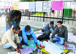 Members of the SFS during a protest in front of the VCs office at the PU in Chandigarh on Monday. 