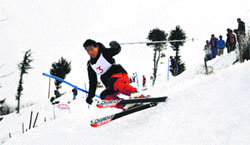 A participant at the state-level skiing championship at Kufri, near Shimla, on Monday. Photo: Amit Kanwar