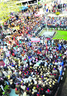 CITU workers turn up in huge numbers outside the Mini-Secretariat in Ludhiana on Monday.