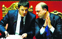 Italys PM Matteo Renzi (L) talks with Interior Minister Angelino Alfano during a confidence vote at the Senate in Rome on Monday. AFP