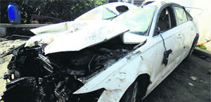 The mangled remains of a car after it met with an accident in Amritsar on Tuesday.