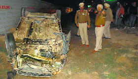 The mangled remains of the car that was involved in a mishap with a two-wheeler in Mohali on Tuesday.