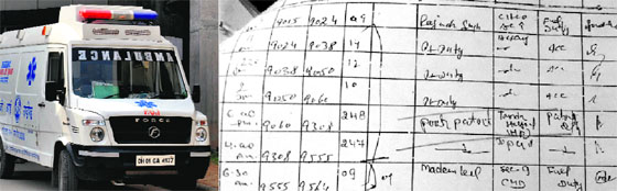 The hi-tech ambulance; and (right) a logbook sheet gives details of how the ambulance was used.