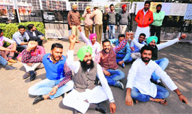 Members of the NSUI protest outside the Vice-Chancellors office at Panjab University on Tuesday.