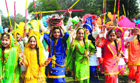Students of Sri Guru Gobind Singh Collegiate Public School, Sector 26, Chandigarh, perform a folk dance on Tuesday.