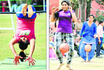 Students take part in an athletics meet at the Gujarkhan Campus of Guru Nanak Khalsa College for Women in Model Town, Ludhiana, on Tuesday.