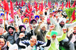 Activists of various farm organisations protest outside the DCs office in Amritsar on Tuesday.