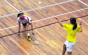 Players in action during the 23rd Smt Krishna Khaitan All-India Junior Ranking Badminton Tournament at Panjab University in Chandigarh on Wednesday.