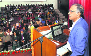 Prof Ramkrishna Ramaswami, Vice-Chancellor, Hyderabad University, addresses the delegates during Chandigarh Science Congress at Panjab University on Wednesday. 