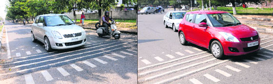 The rumble strips that were flattened by the Municipal Corporation at the Sector 19/20/27/30 roundabout in Chandigarh; and (right) commuters continue to face inconvenience due to the strips which are yet to be removed. 