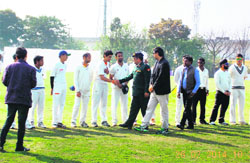 Players in the inaugural match of the Pepsi Cup being introduced to chief guest Major Gen AK Singh in Dehradun on Wednesday. 