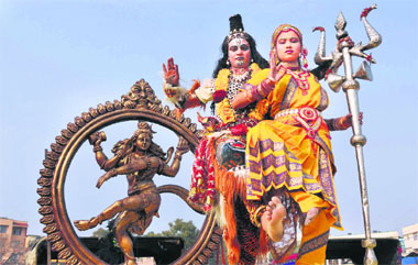 A shobha yatra being taken out on the eve of Mahashivratri in Jammu on Wednesday. 