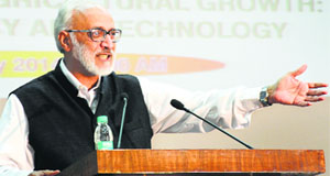 Dr Ashok Gulati gives a lecture at the PAU in Ludhiana on Wednesday.