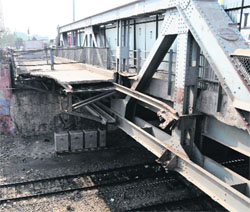 A broken portion of the Bhandari railway overbridge in Amritsar. 