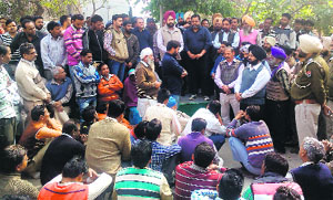 Residents of Rampura hold a protest following the accident in Bathinda on Thursday.