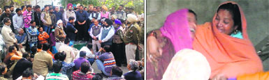 Residents of Rampura hold a protest in view of the accident; (right) grieving family members of the kanwarias in Bathinda on Thursday.