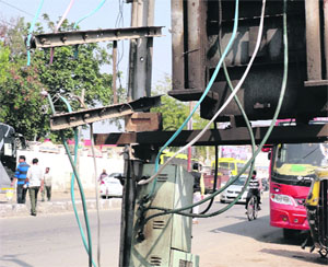 A distribution transformer meter in a deplorable condition in Bathinda.