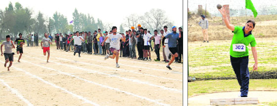 Players in action; and (right) an athlete throws shot put during the annual sports meet of Giani Zail Singh Punjab Technical University campus in Bathinda on Thursday.