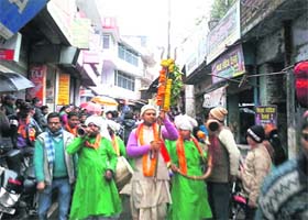 A religious procession in progress during the Mahashivratri celebrations at Uttarkashi on Thursday
