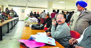 Government employees, who were made to work on Shivratri, a gazetted holiday, in Jalandhar on Thursday.