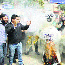 BJP workers protest and burn an effigy of External Affairs Minister Salman Khurshid in Jalandhar.