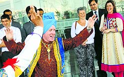 Glenn Peat, general manager of Hyatt Regency, performs bhangra during the opening ceremony of the hotel in Ludhiana on Thursday