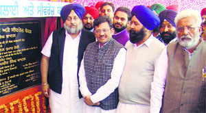 (From left) Deputy Chief Minister Sukhbir Singh Badal, BJP state president Kamal Sharma, Ferozepur MP Sher Singh Ghubaya and Health Minister Surjit Kumar Jyani lay foundation stone of a sewerage project in Fazilka on Thursday.