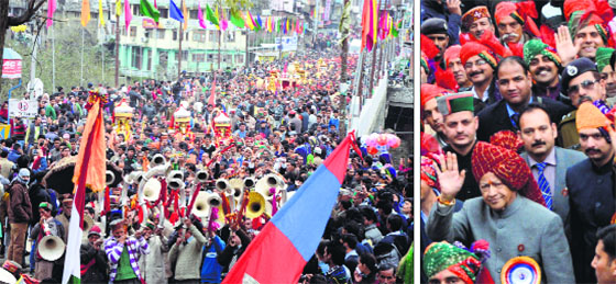 Devotees take part in a procession during the Shivratri festival in Mandi on Friday; and (right) Chief Minister Virbhadra Singh during the shobha yatra.