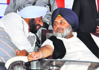 Deputy CM Sukhbir Badal with Kulwant Singh, SAD nominee for Fatehgarh Sahib Lok Sabha seat, in Sirhind on Friday. Tribune photo