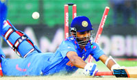 Ajinkya Rahane (22) makes his ground during the match. A pathetic show by Indias new middle order contributed to the two-wicket loss. Reuters