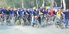 Students participate in Avon Cyclogreen Rally to create awareness about the ill effects of pollution in Ludhiana, on Saturday.